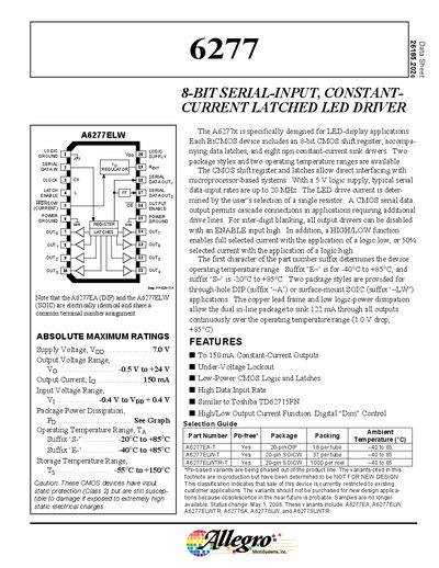 Allegro A6277 8-bit Serial-Input Constant-Current Latched LED Driver Datasheet - cover page