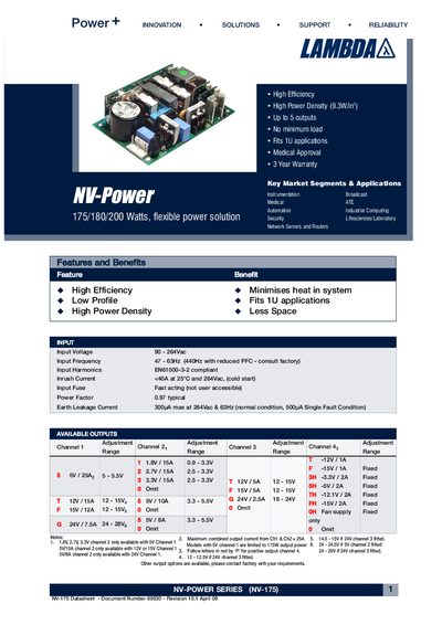 Lambda NV-175 NV-Power Series Datasheet - cover page