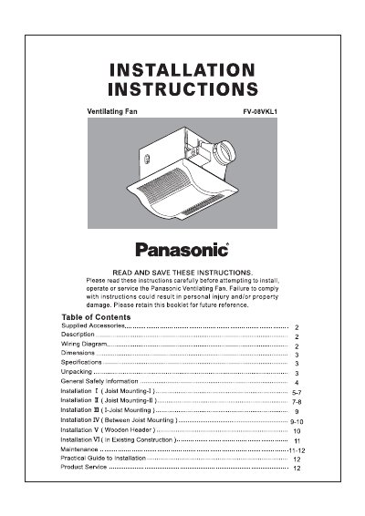 Panasonic FV-08VKL1 Ventilating Fan Installation Instructions - cover page
