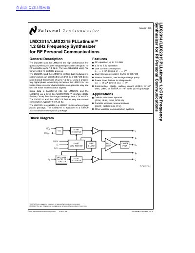 National Semiconductor LMX2314/LMX2315 PLLatinum 1.2 GHz Frequency Synthesizer Datasheet - cover page