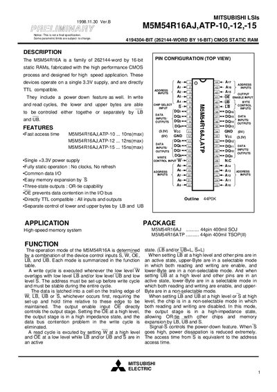 Mitsubishi M5M54R16AJ ATP-10-12-15 4Mbit CMOS Static RAM Datasheet - cover page