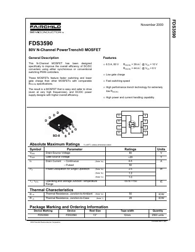 Fairchild FDS3590 N-Channel PowerTrench MOSFET Datasheet - cover page