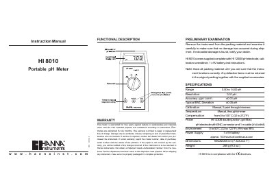 Hanna Instruments HI 8010 Portable pH Meter Instruction Manual - cover page