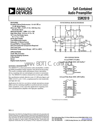 Analog Devices SSM2019 Audio Preamplifier Datasheet - cover page