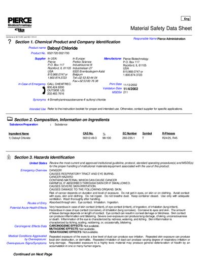 Pierce Dabsyl Chloride 2110021720 0021700 Material Safety Data Sheet - cover page