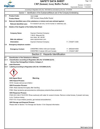 Cayman Chemical CRP (human) Assay Buffer Packet Safety Data Sheet - cover page
