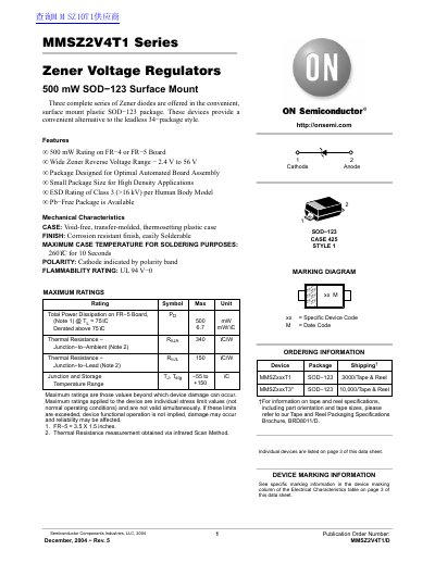ON MMSZ2V4T1 Series Zener Voltage Regulators 500 mW SOD 123 Surface Mount handbook - cover page