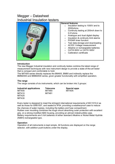 Megger MIT400 Series Industrial Insulation Tester Datasheet - cover page
