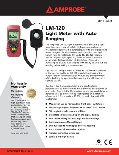 Amprobe LM-120 Light Meter Data Sheet - cover page