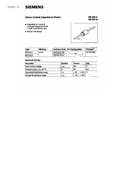 Siemens BB609A/BB609B Variable Capacitance Diode Datasheet