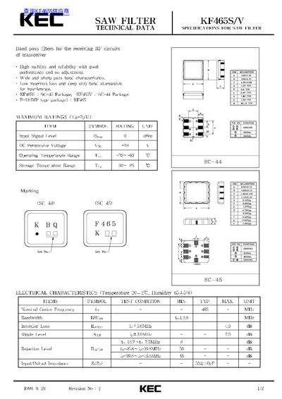 KEC KF465S/V SAW Filter Technical Data Specifications Datasheet - cover page