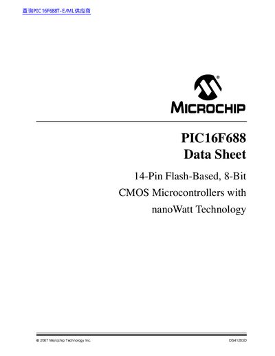 Microchip PIC16F688 Datasheet - cover page