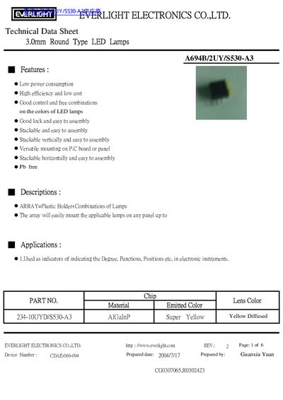 Everlight A694B/2UY/S530-A3 3.0mm Round Type LED Lamps Technical Data Sheet - cover page