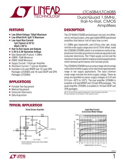 Linear Technology LTC6084/LTC6085 Dual/Quad Op Amp Datasheet - cover page