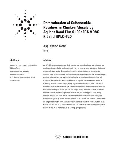 Determination of Sulfonamide Residues in Chicken Muscle by Agilent Bond Elut QuEChERS AOAC Kit and HPLC-FLD Application  - cover page