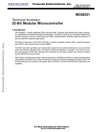 Freescale MC68331 Technical Summary Datasheet - cover page
