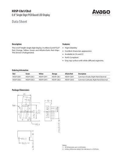 Avago HDSP-C8x1/C8x3 0.8" Single Digit PCB LED Display Data Sheet - cover page