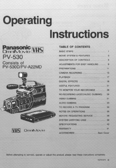 Panasonic PV-530 Camcorder Operating Instructions - cover page