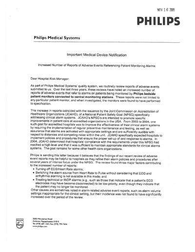 Philips Patient Monitoring Alarms Important Medical Device Notification - cover page