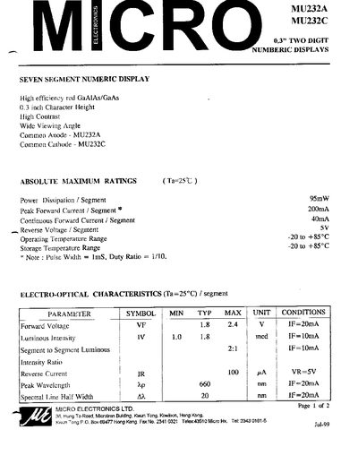Micro Electronics MU232A/MU232C 0.3" Two Digit Numeric Display Datasheet - cover page