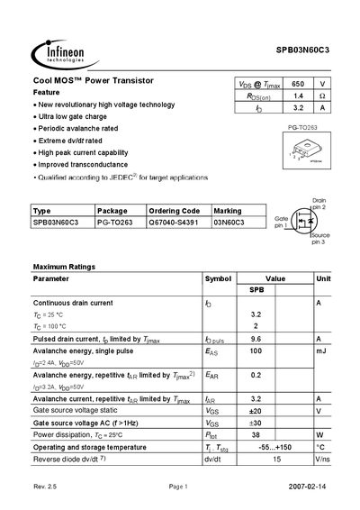INFINEON SPB03N60C3 Manual - cover page