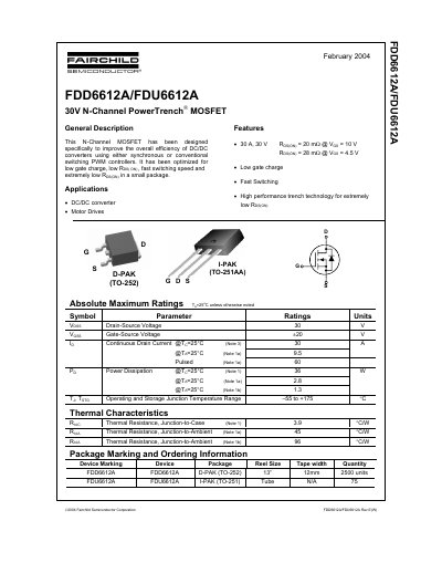 Fairchild Semiconductor FDD6612A/FDU6612A 30V N-Channel PowerTrench MOSFET Datasheet - cover page