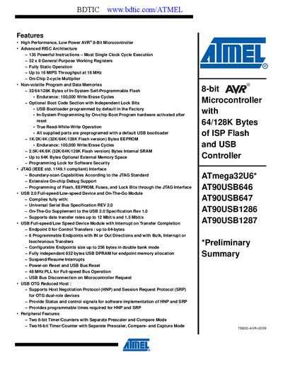ATMEL Atmel USB micro controller AT90USB647 handbook (1)(1) - cover page