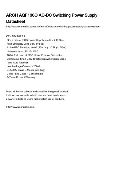 ARCH AQF100O Series AC-DC Switching Power Supply Datasheet - cover page