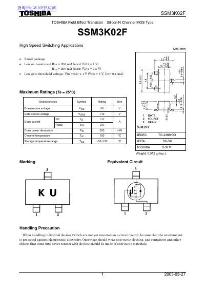 TOSHIBA SSM3K02F MOSFET Datasheet - cover page