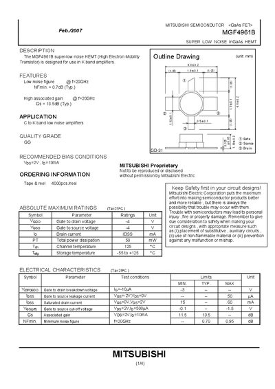 Mitsubishi MGF4961B GaAs FET Datasheet - cover page
