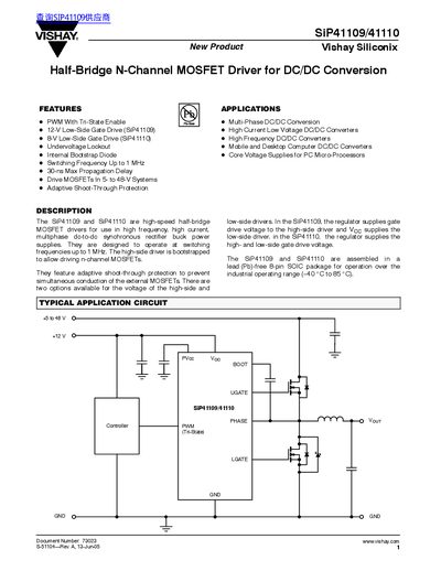 Vishay Siliconix SiP41109/41110 Half-Bridge MOSFET Driver Datasheet - cover page