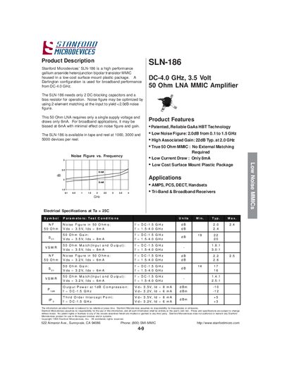 STANFORO MICRODEVICES SLN-186 DC-4.0 GHz 3.5 Volt 50 Ohm LNA MMIC Amplifier - cover page