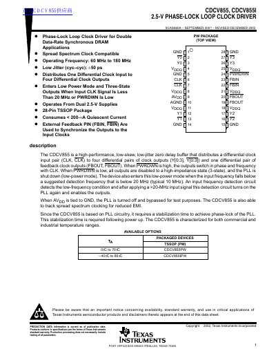 TEXAS INSTRUMENTS CDCV855 CDCV855I handbook - cover page