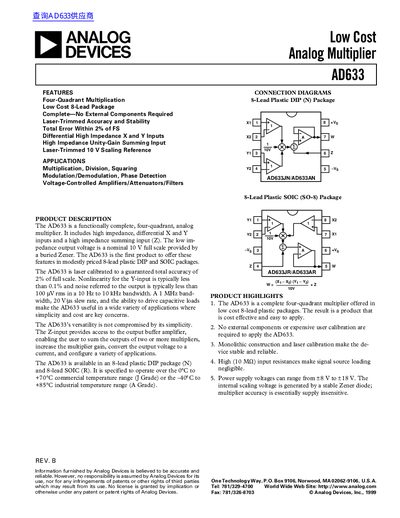 Analog Devices AD633 Analog Multiplier Datasheet - cover page