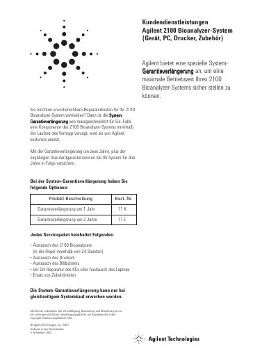 Agilent 2100 Bioanalyzer System Support Services Manual - cover page
