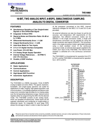 Texas Instruments THS10082 Analog-to-Digital Converter Datasheet - cover page