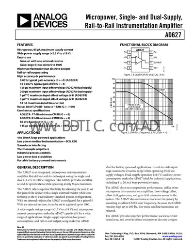 Analog Devices AD627 Instrumentation Amplifier Datasheet - cover page