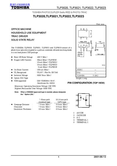 TOSHIBA TLP3020 TLP3021 TLP3022 TLP3023 Manual(2) - cover page