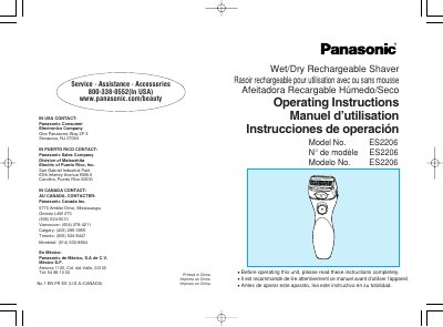 Panasonic ES2206 Wet/Dry Rechargeable Shaver Operating Instructions - cover page