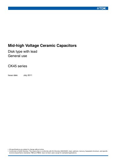TDK CK45 Series Mid-high Voltage Ceramic Capacitors Datasheet - cover page