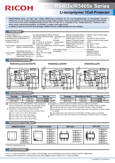 Ricoh R5403x/R5405x Series Li-ion/polymer 1Cell Protector Datasheet - cover page