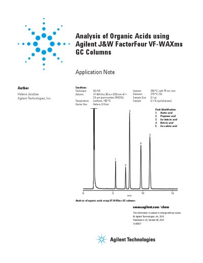 Agilent VF-WAXms GC Column Application Note for Organic Acid Analysis - cover page