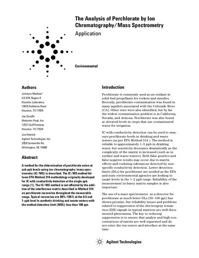Analysis of Perchlorate by Ion Chromatography/Mass Spectrometry - cover page