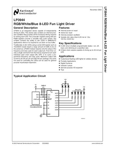 National Semiconductor LP3944 LED Driver Datasheet - cover page