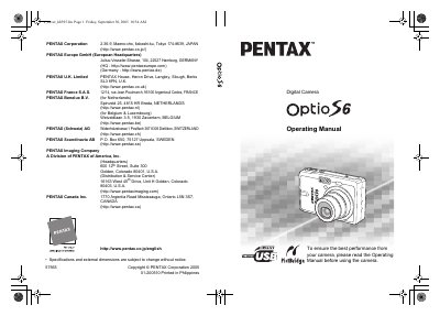 Pentax Optio S6 Digital Camera Operating Manual - cover page