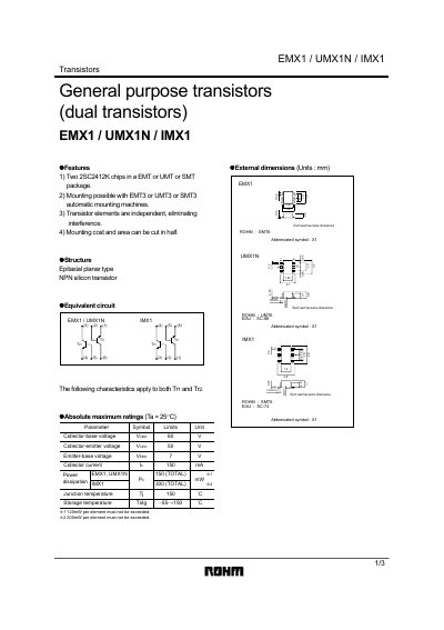 ROHM EMX1/UMX1N/IMX1 Bipolar Transistor Datasheet