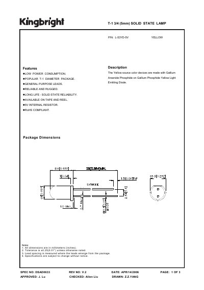 KINGBRIGHT - L-53YD-5V YELLOW T-1 3/4 (5mm) SOLID STATE LAMP Manual - cover page