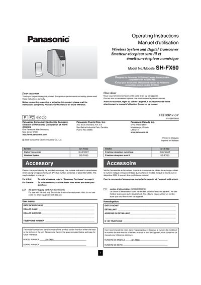 Panasonic SH-FX60 Wireless System Digital Transceiver Operating Instructions