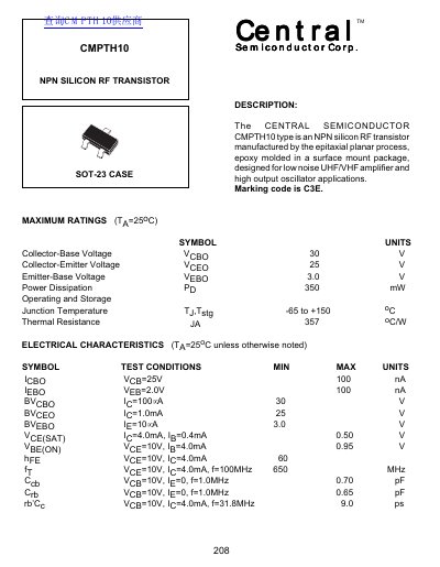 Central Semiconductor CMPTH10 NPN Silicon RF Transistor Datasheet - cover page