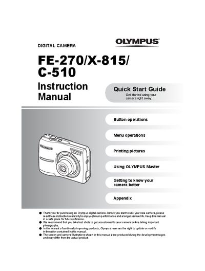 Olympus FE-270/X-815/C-510 Digital Camera Instruction Quick Start Guide Manual - cover page